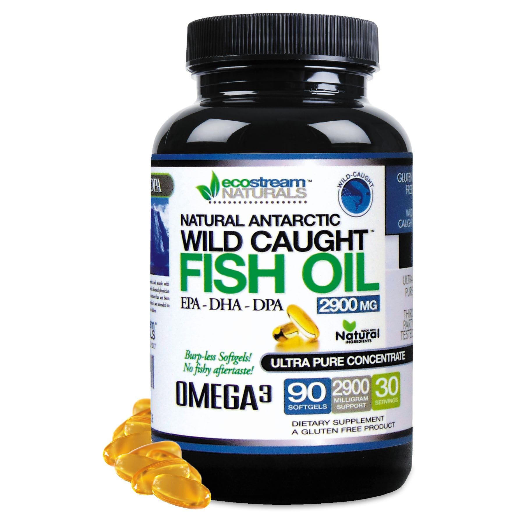 EcoStream Naturals Omega-3 Fish Oil bottle label showing 2900 mg per serving