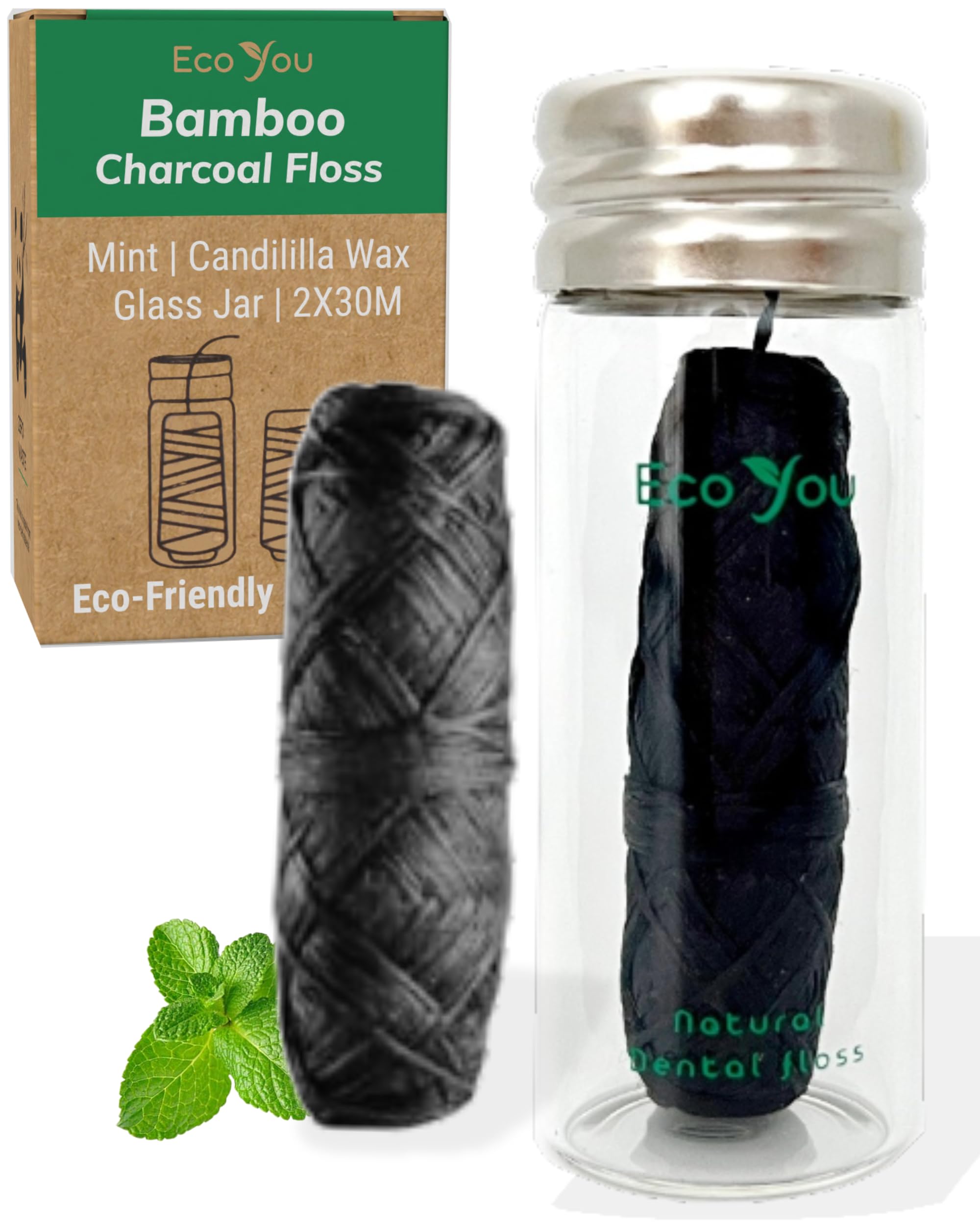 EcoYou Charcoal Bamboo Dental Floss with Glass Container - main image
