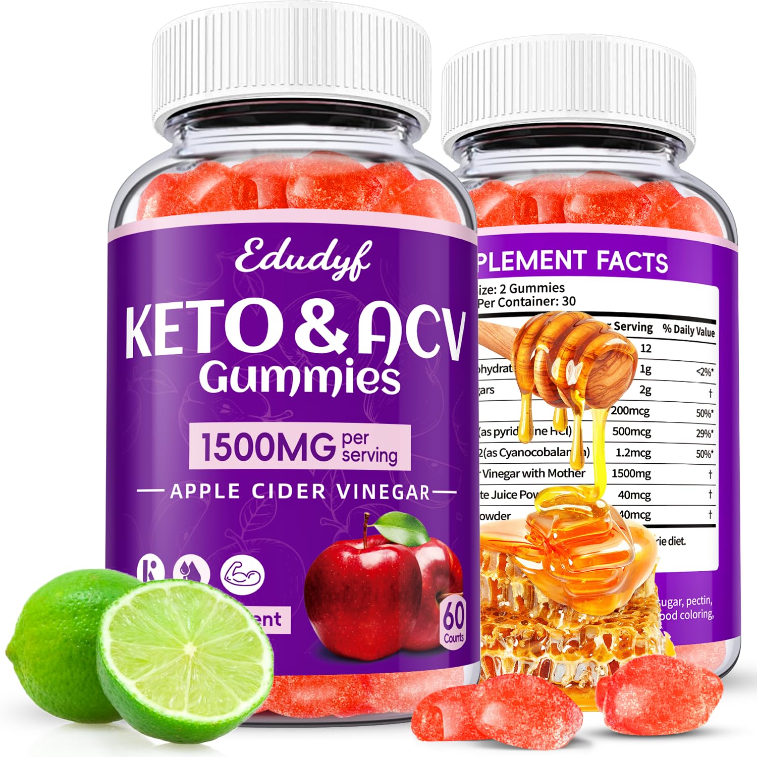 EDUDYF front packshot showing bottle and vegan ACV gummies for convenient daily use