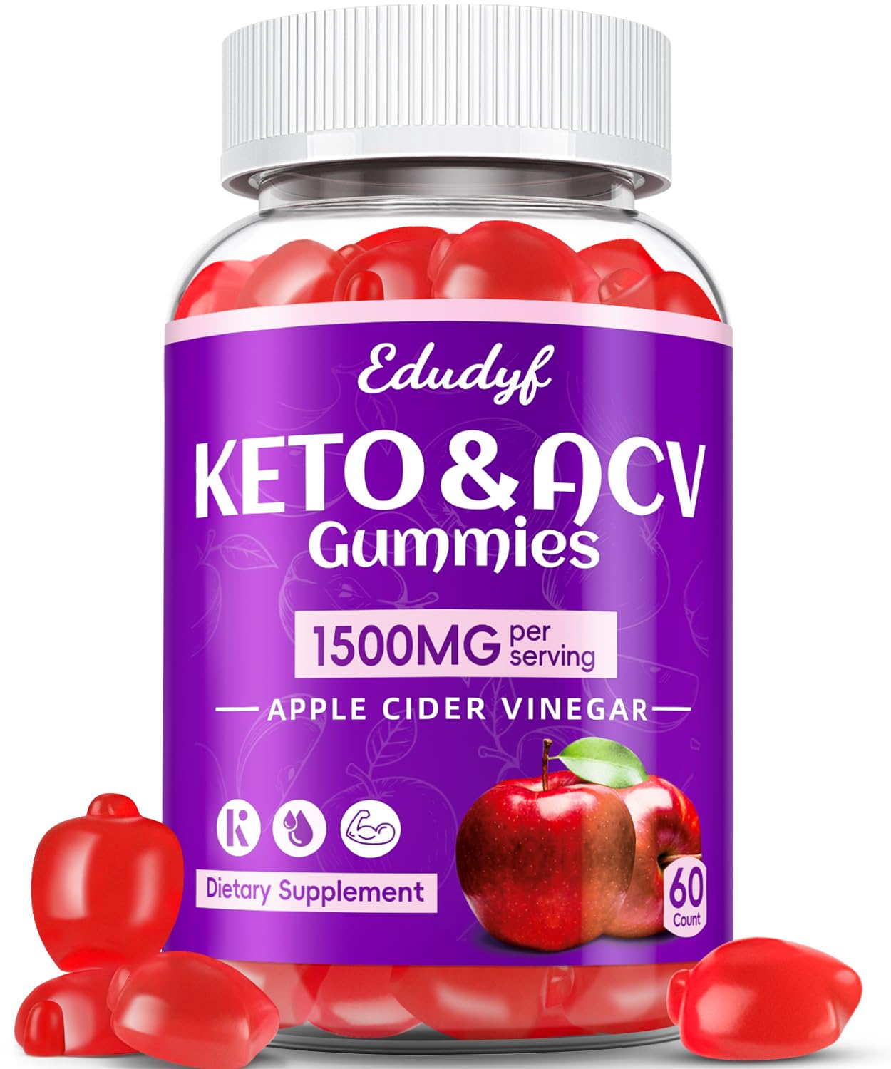 EDUDYF Keto ACV Gummies bottle label featuring 1500mg apple cider vinegar