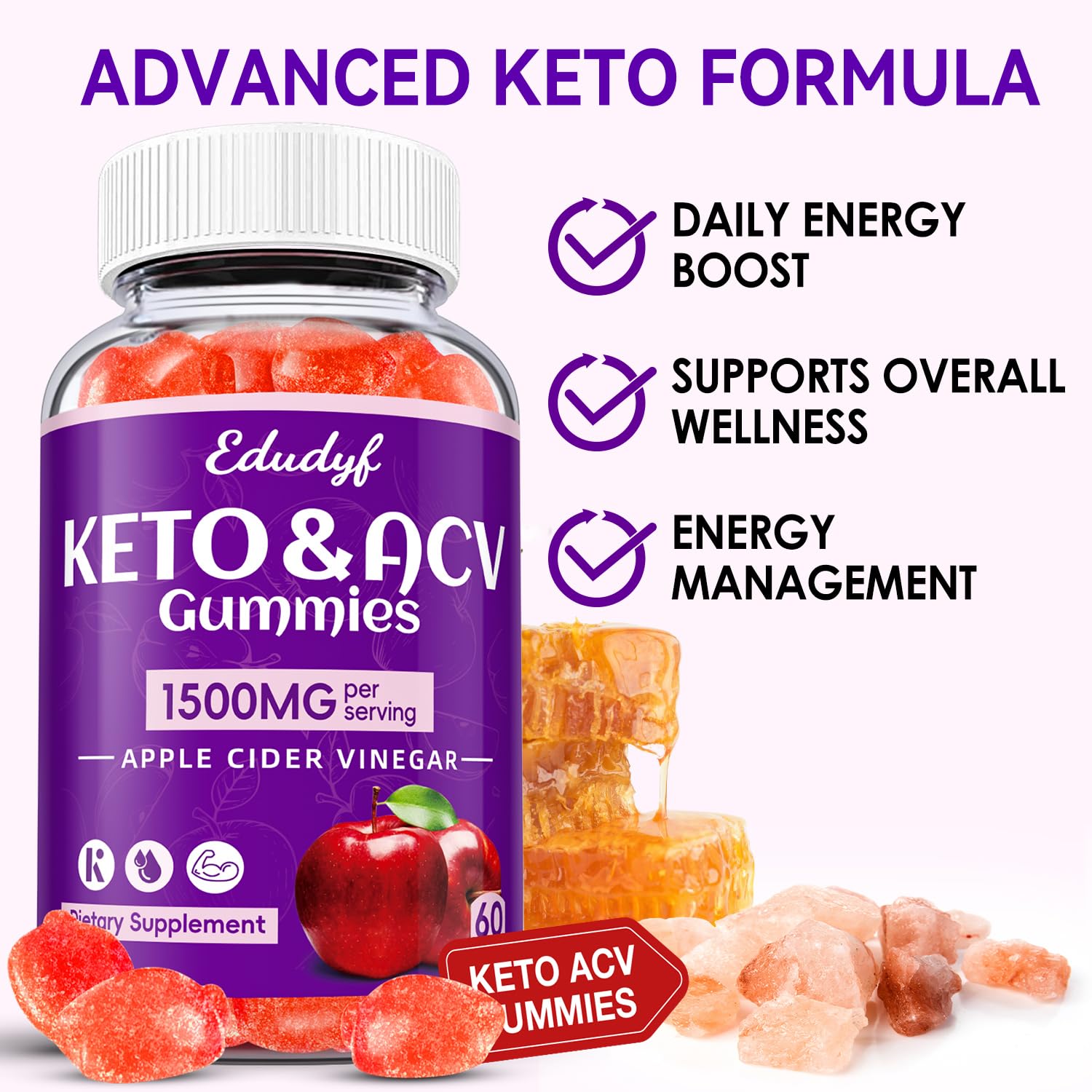 EDUDYF label zoom showing supplement facts and GMP quality assurance