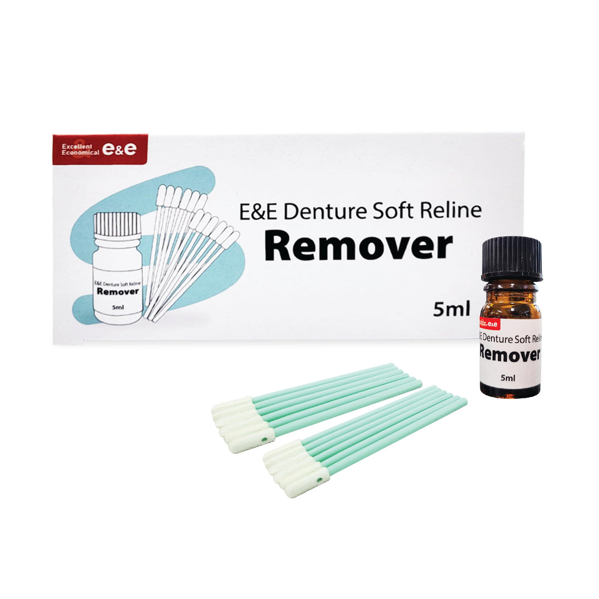 Bottle of E&E Denture Reline Silicone Remover on a white background