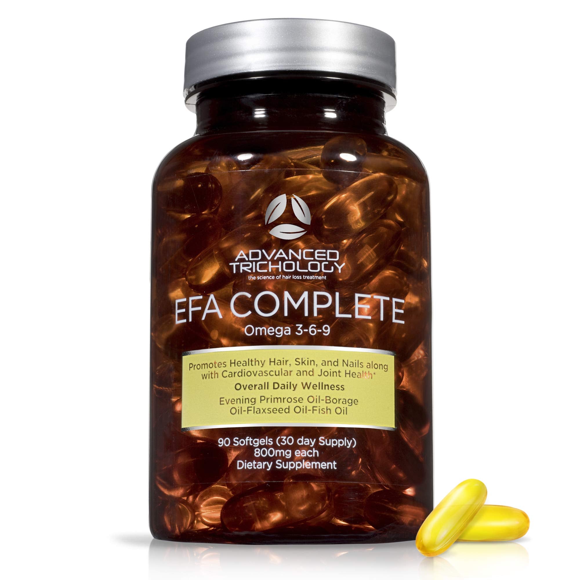 Bottle of EFA Complete with Omega 3-6-9 capsules on white background