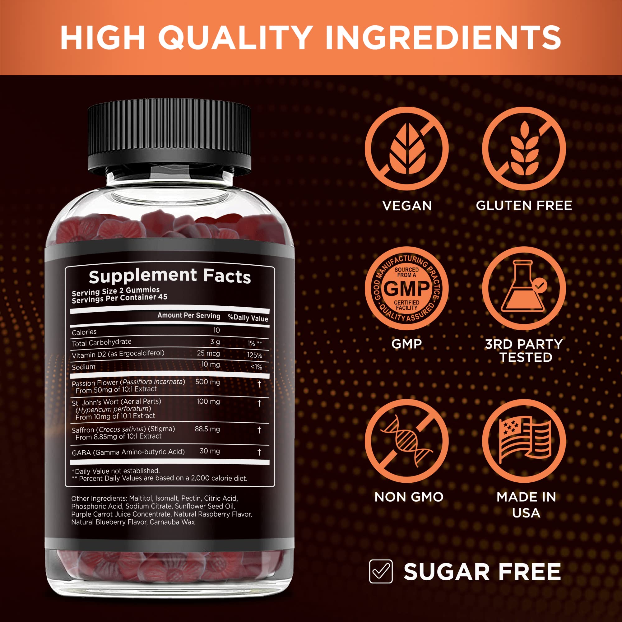 Vegan, Gluten-Free, and Non-GMO seals on bottle