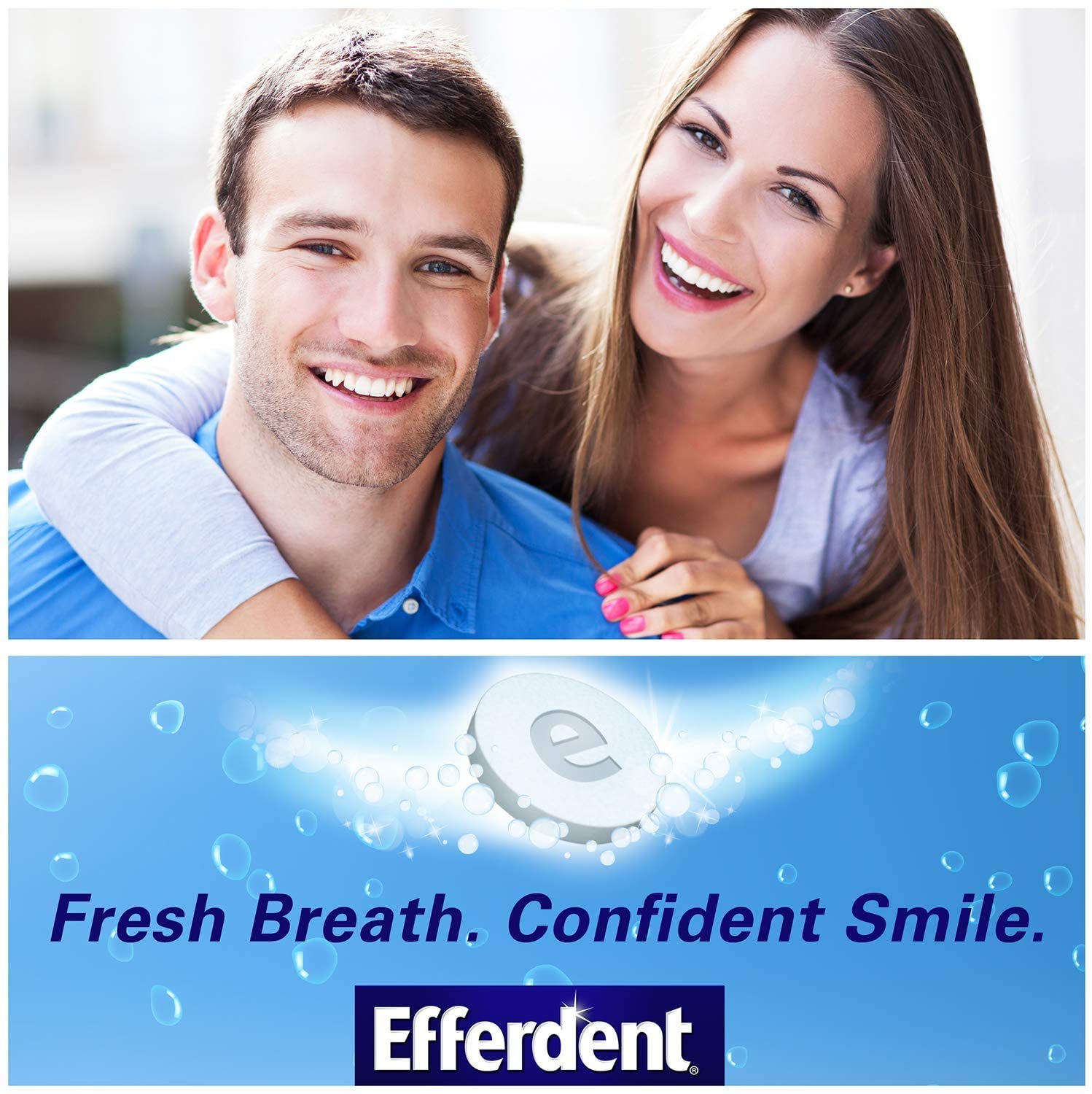 Smiling person with clean dentures after using Efferdent