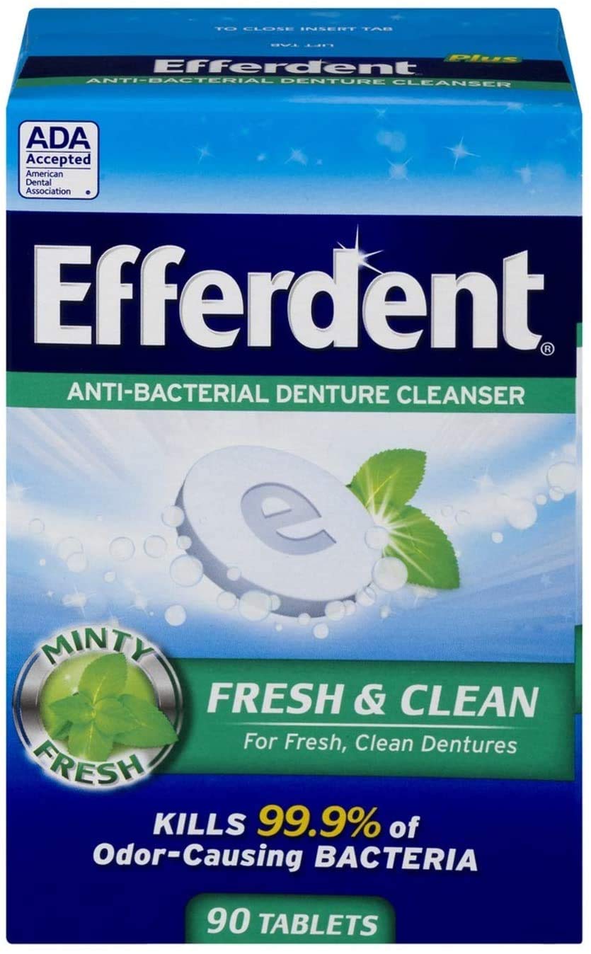 Efferdent Plus Mint denture cleanser bottle and packaging