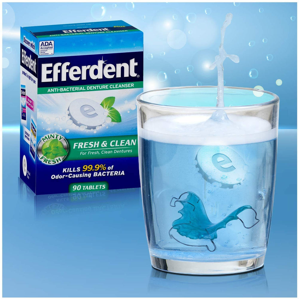 Packaging close-up of Efferdent Plus Mint denture cleanser
