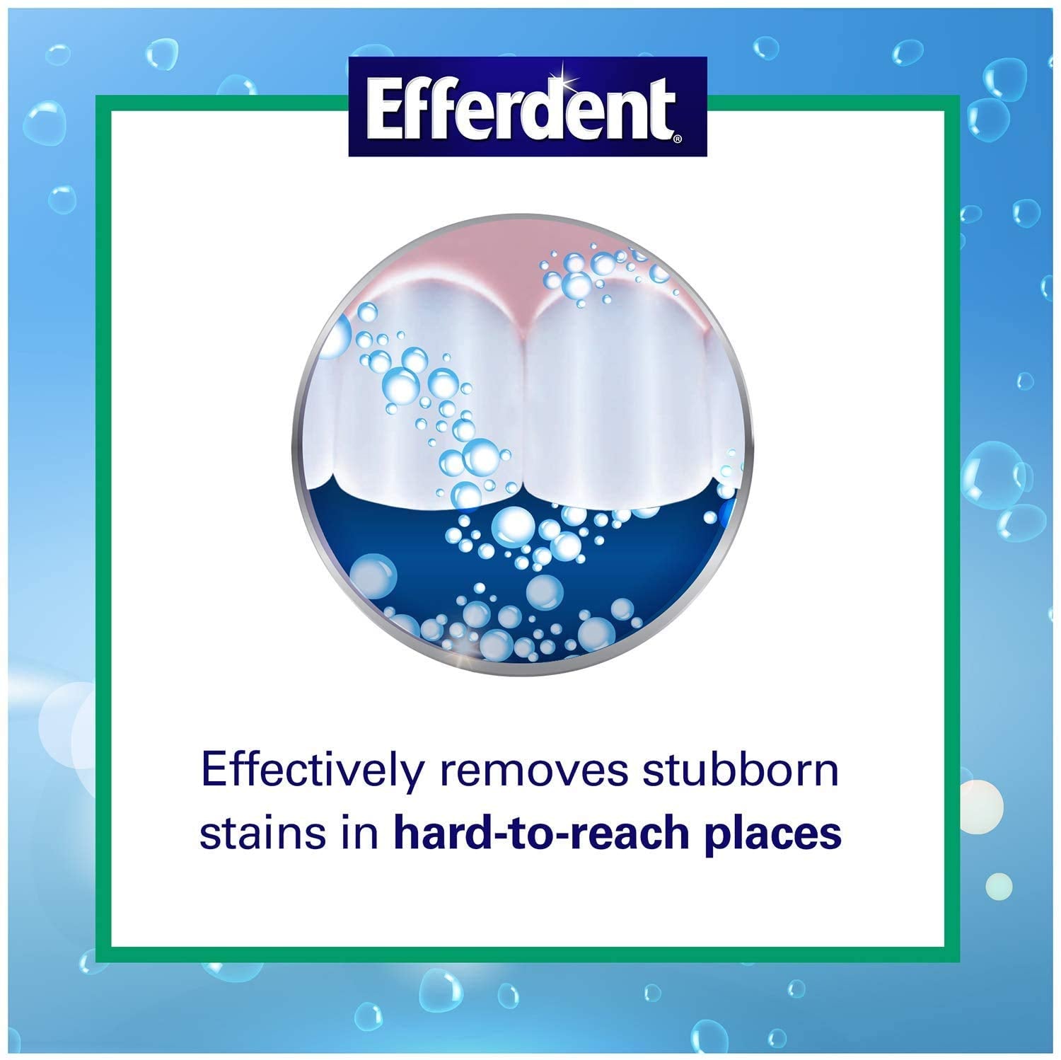 Denture with tough stains being cleaned by Efferdent Plus Mint