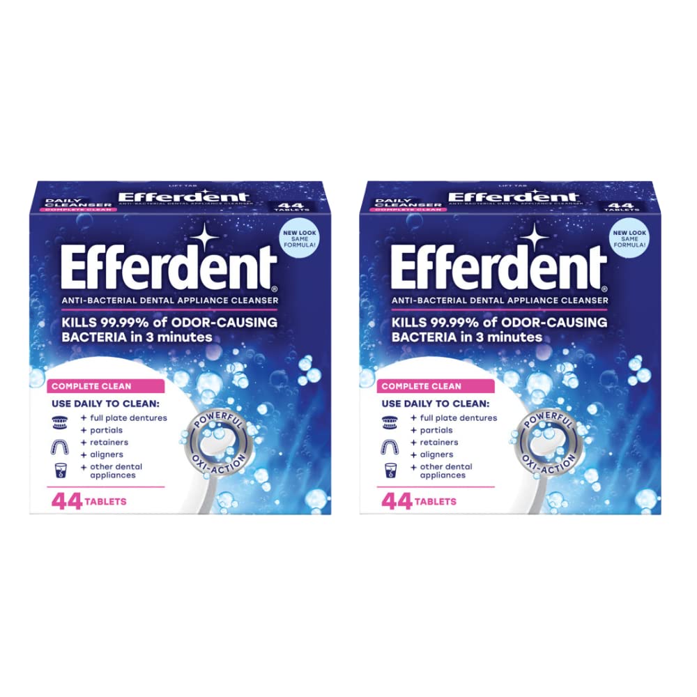 Box of Efferdent Complete Clean denture and retainer cleaner tablets in a 2-pack (44 count each)