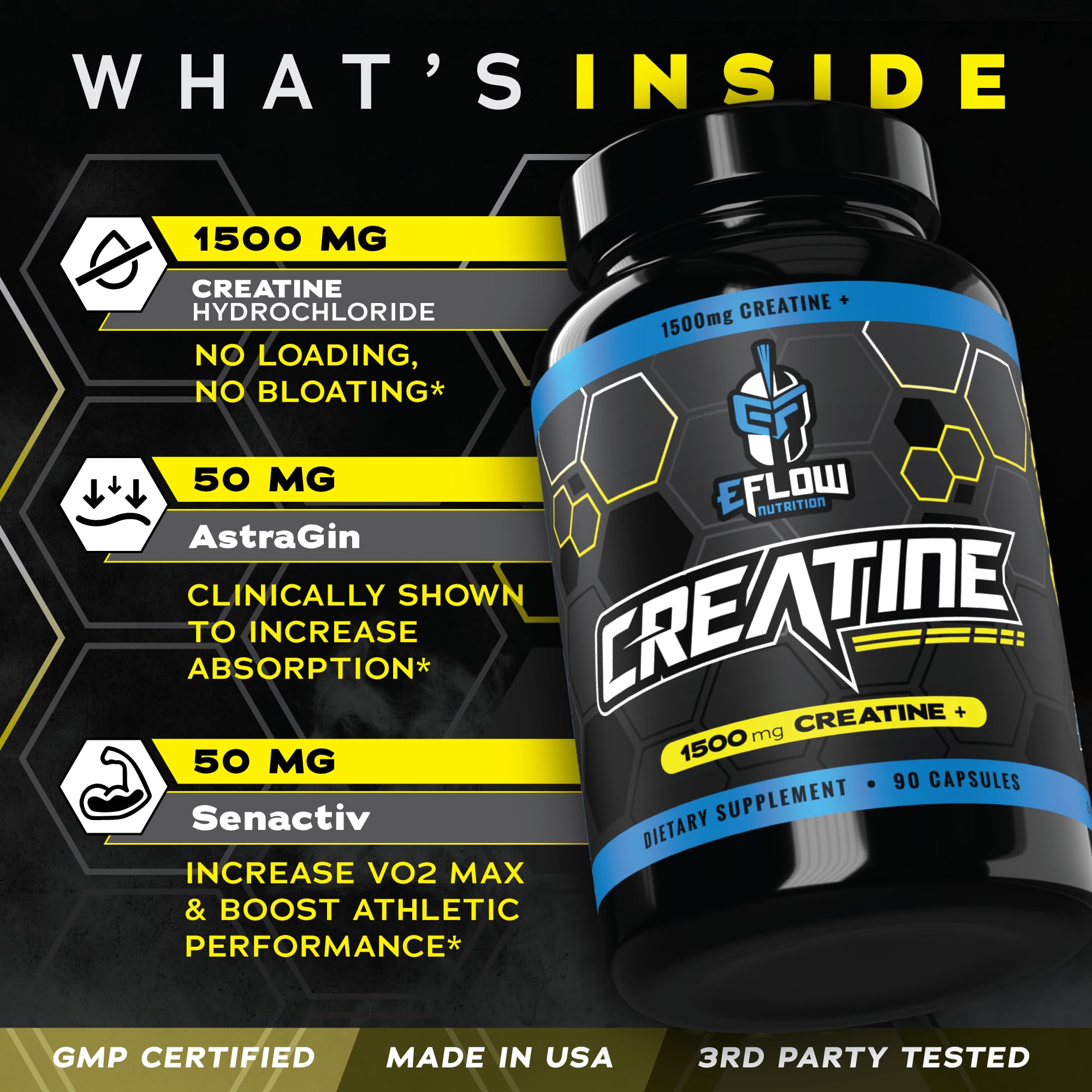 eFlow Creatine Capsules label featuring ingredients and dosage