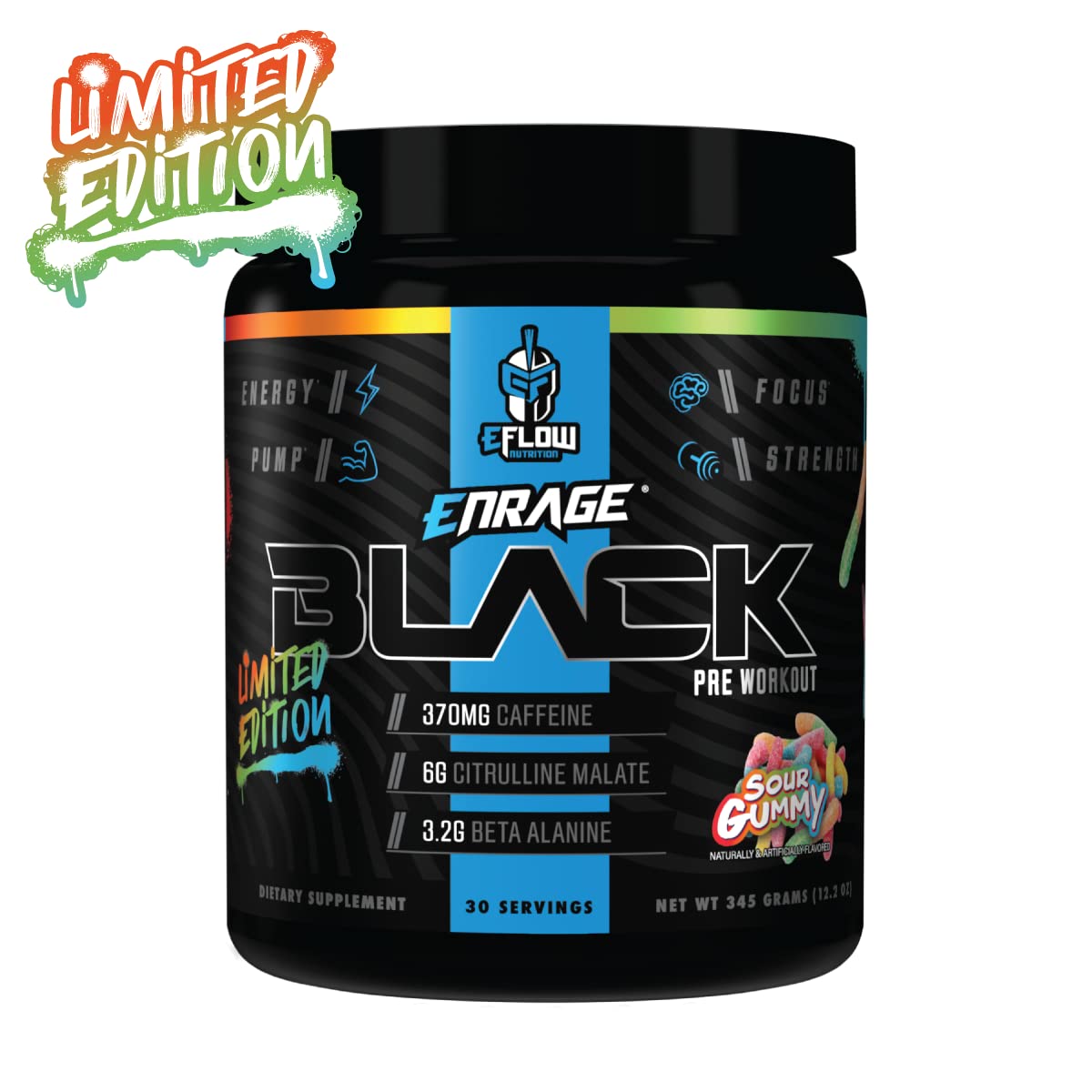 Close-up of Enrage Black packaging showing branding and energy-boosting ingredients