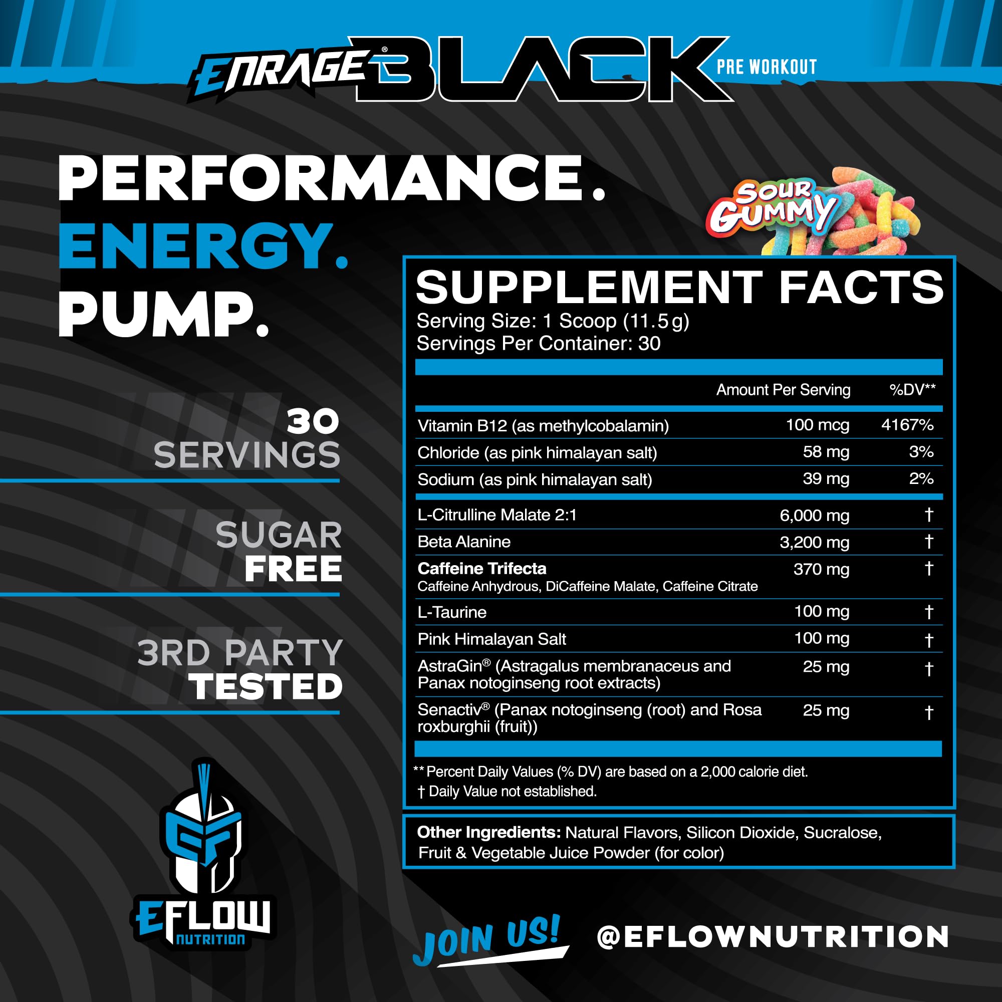 EFLOW Enrage Black tub back label with ingredients and dosing