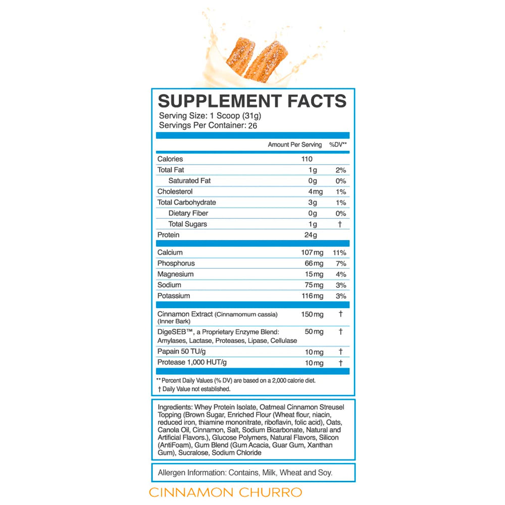 Nutrition facts panel for eFlow 100% Whey Protein Isolate Cinnamon Churro