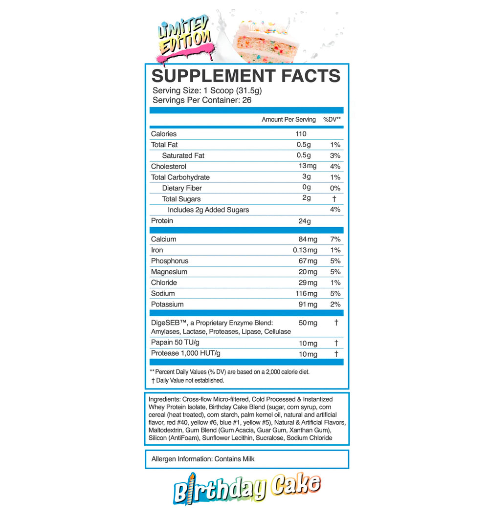 eflow nutrition birthday cake whey isolate label close-up notes added digestive enzymes
