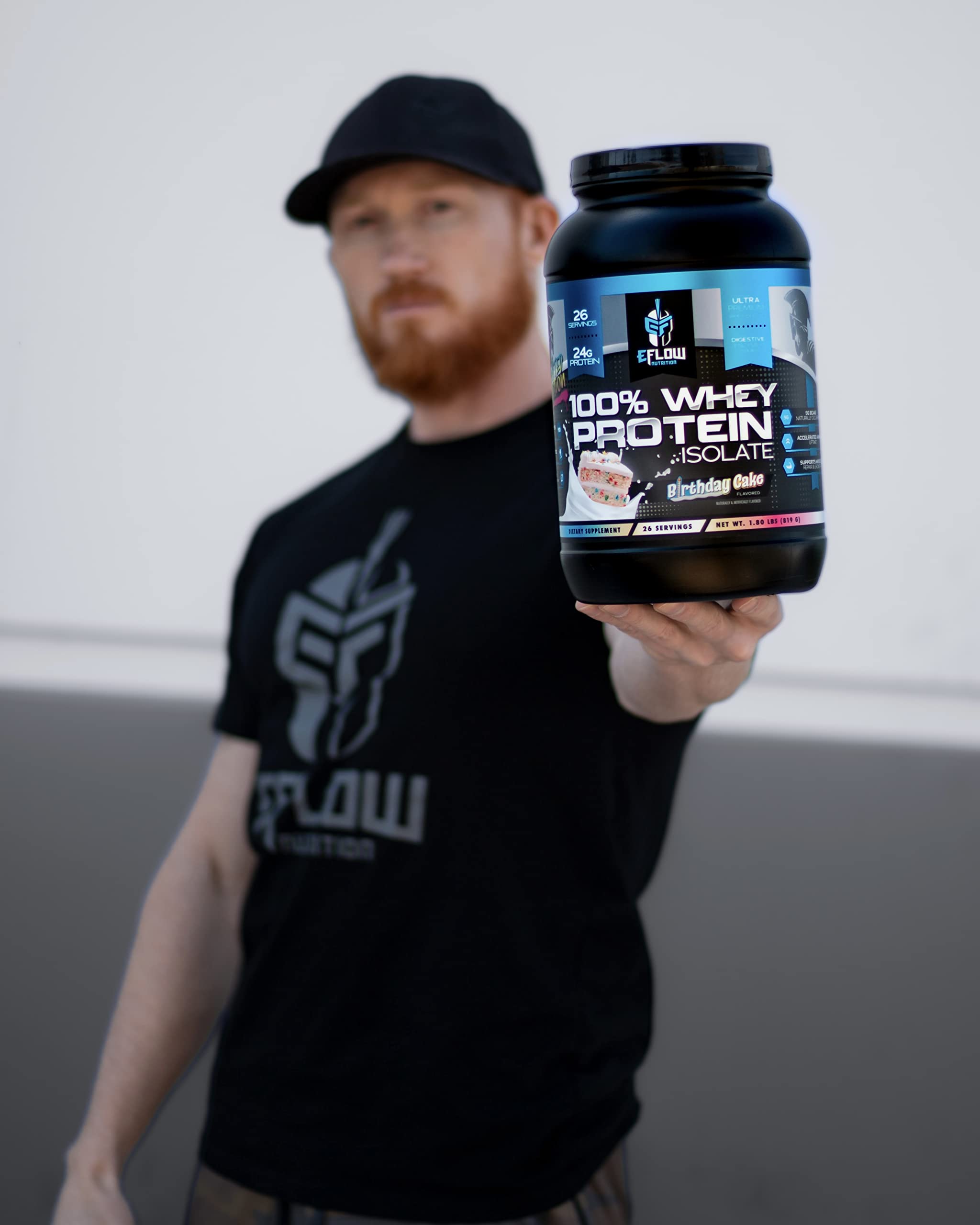 eflow nutrition birthday cake whey isolate mixing-glass shows smooth, instant-blend shake