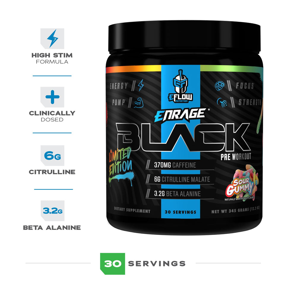 EFLOW Nutrition Enrage Black bottle on shelf for easy access