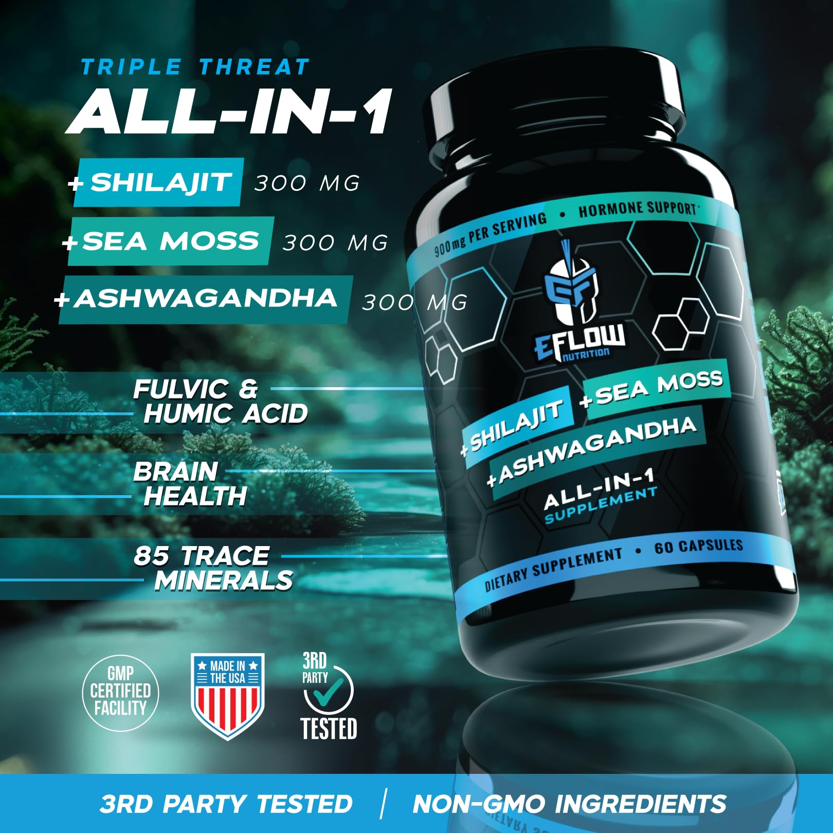 Fulvic acid, humic acid, and minerals highlighted on capsule packaging