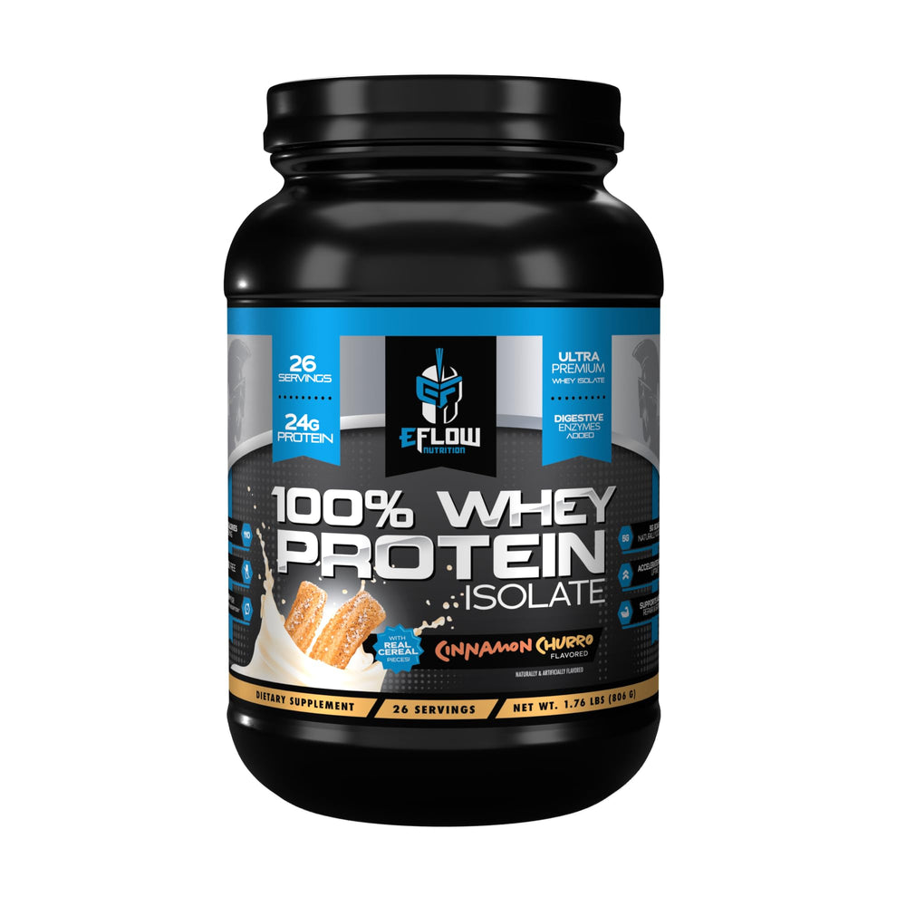 Front label of eFlow Nutrition 100% Whey Protein Isolate in Cinnamon Churro flavor, 26 servings