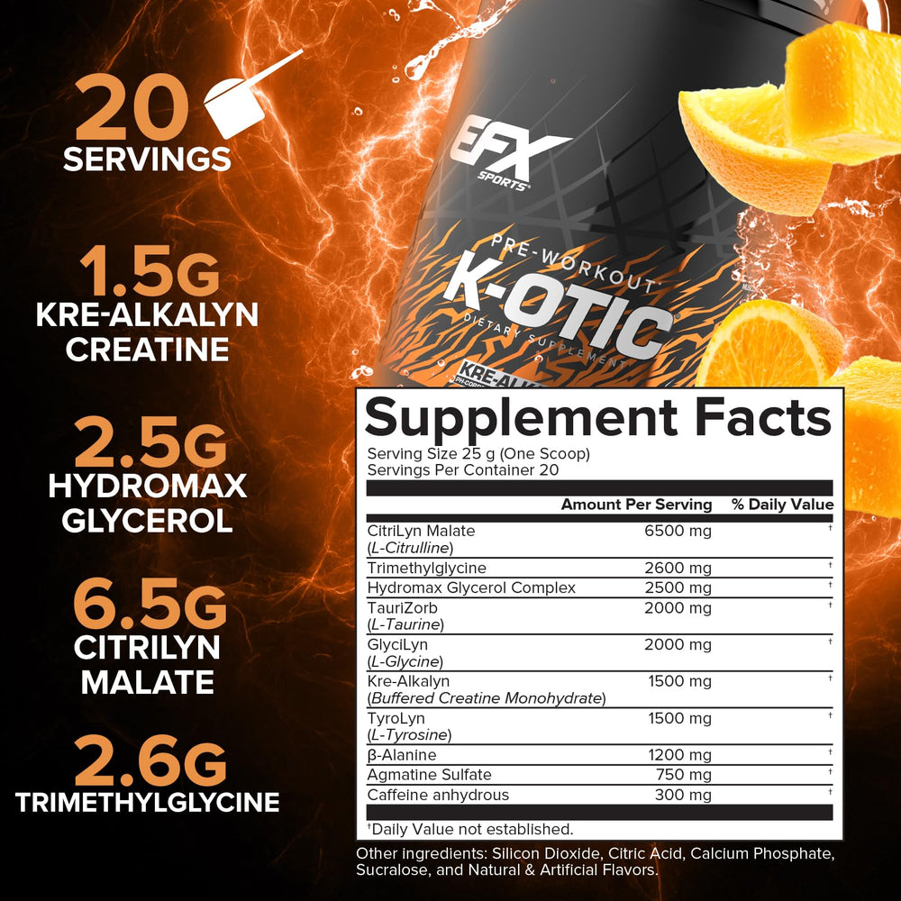 Back nutrition facts panel of K-OTIC Pre Workout – Orange Mango