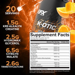 Back nutrition facts panel of K-OTIC Pre Workout – Orange Mango