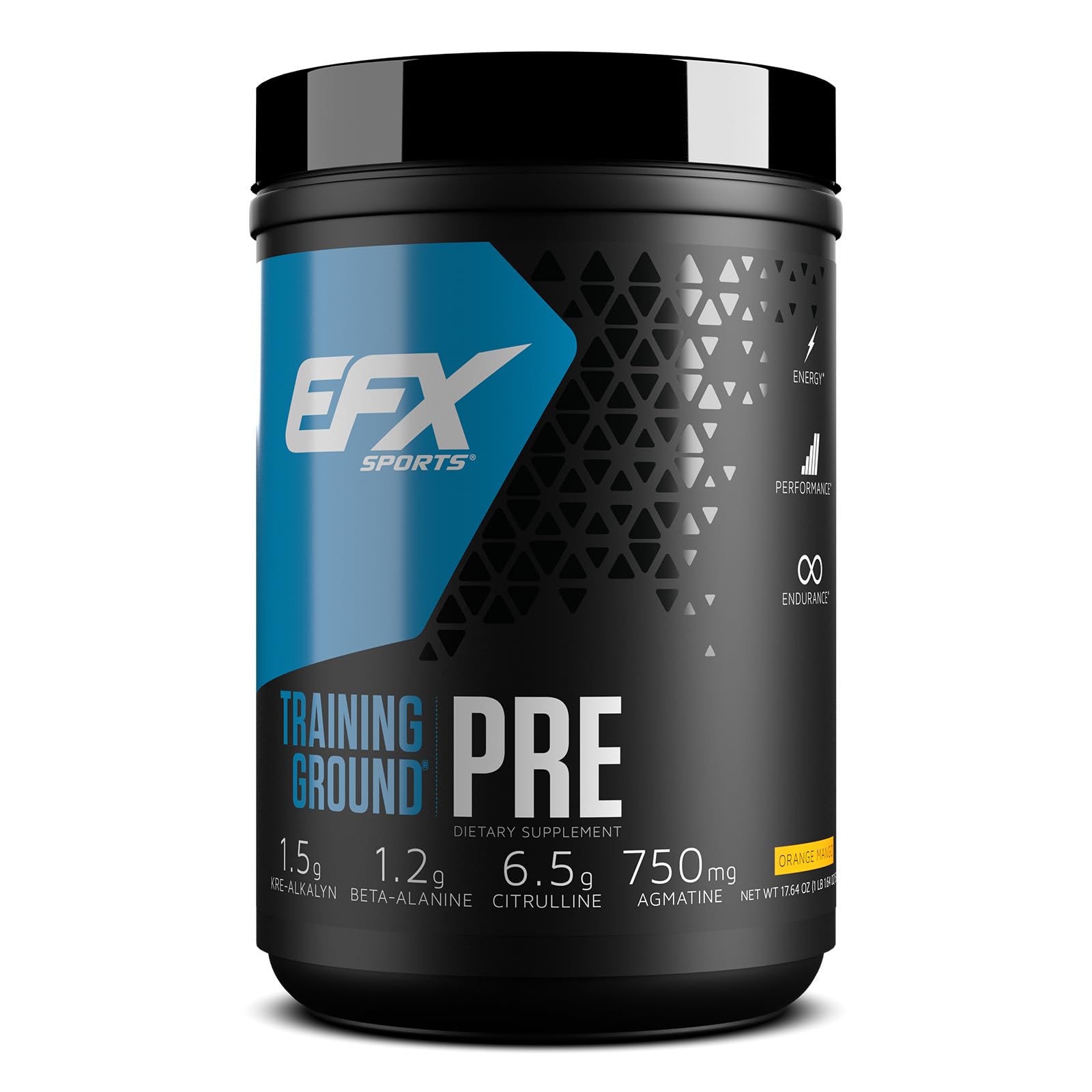 EFX Training Ground pre-workout orange mango tub