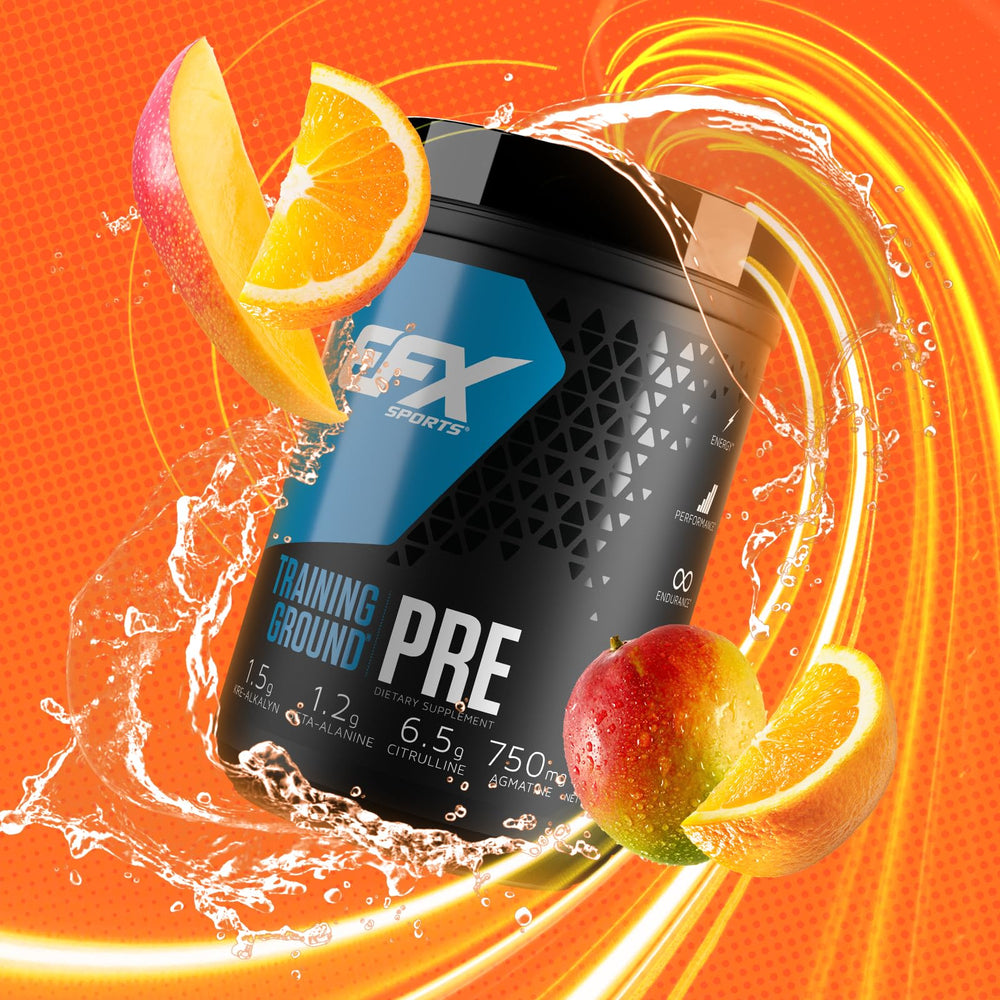 Scoop of Training Ground pre-workout powder orange mango