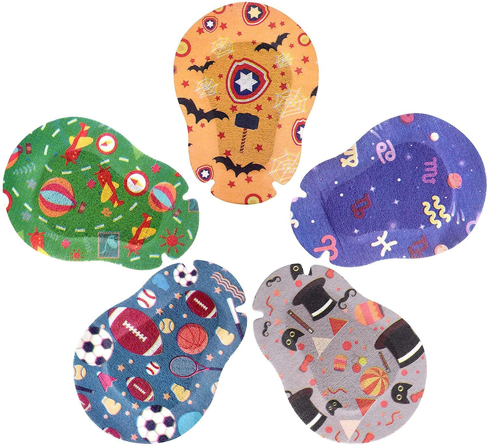 Five colorful patterns displayed in EGOOL kids eye patches