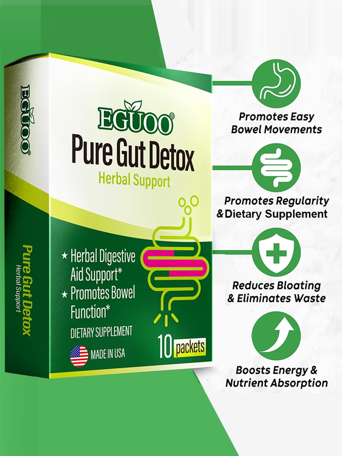 EGUOO Pure Gut Detox bottle front showcases trusted detox for modern lifestyles.