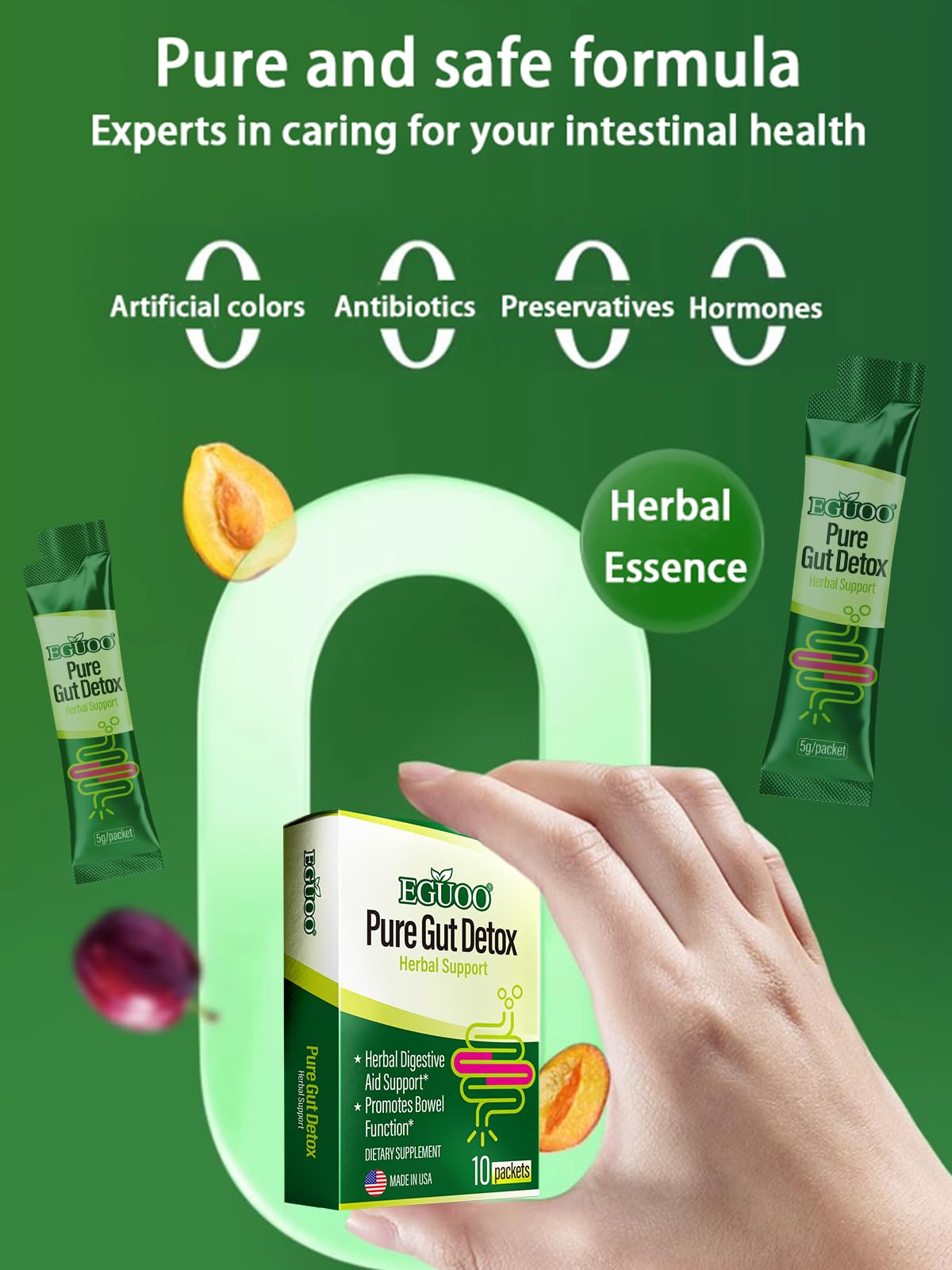 EGUOO Pure Gut Detox in-use packet for on-the-go cleanse on busy days.