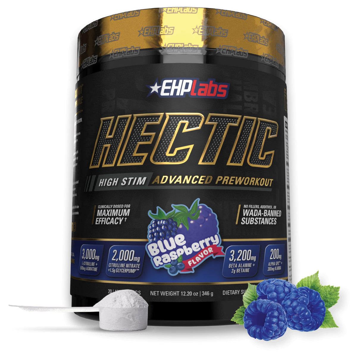 EHP Labs HECTIC blue raspberry bottle ready for a high-energy workout