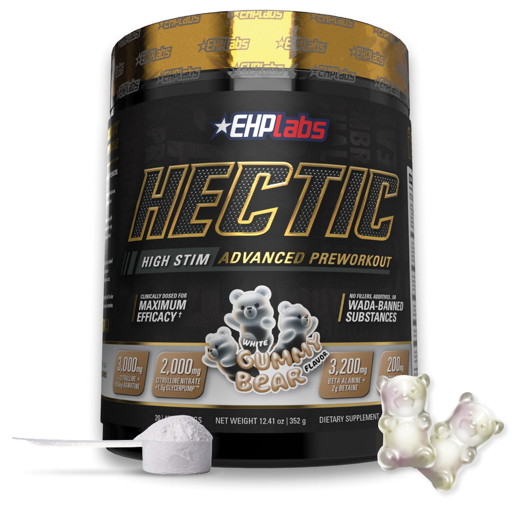 EHP Labs HECTIC preworkout tub closeup highlights white gummy flavor and sustained energy