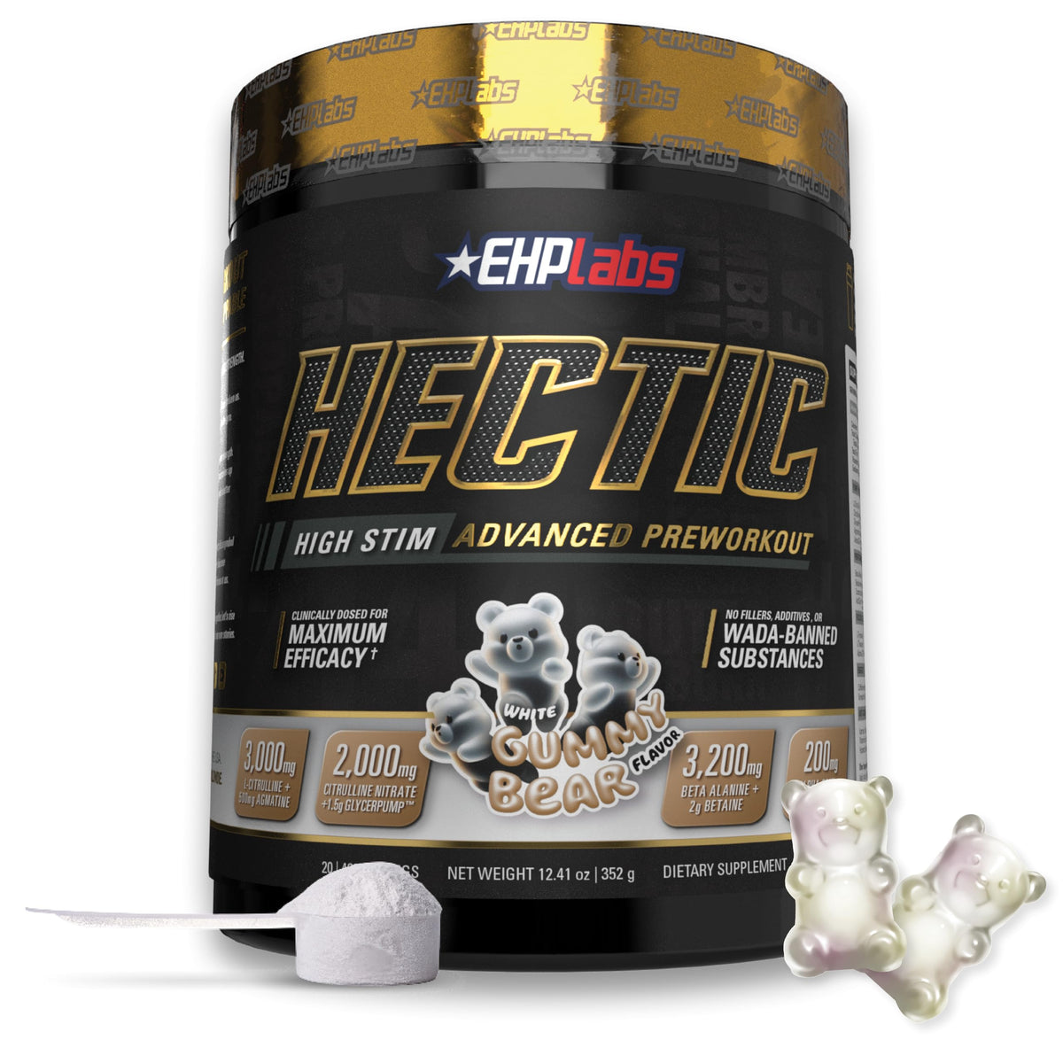 EHP Labs HECTIC preworkout tub closeup highlights white gummy flavor and sustained energy