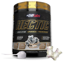 EHP Labs HECTIC preworkout tub closeup highlights white gummy flavor and sustained energy