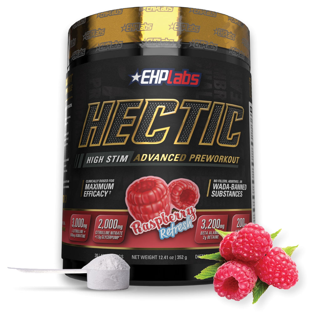 EHP Labs Hectic Raspberry Refresh bottle ready for intense workouts and hydration on demand.