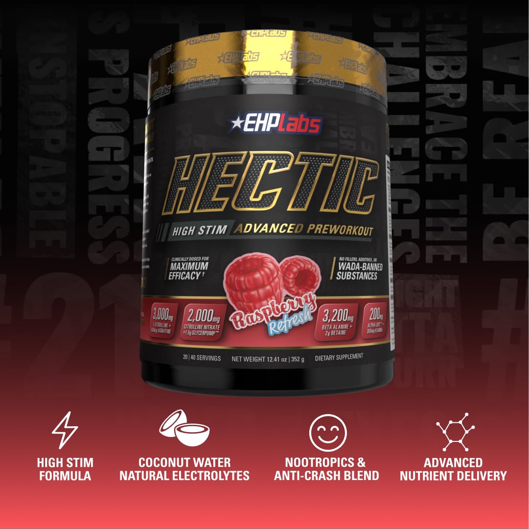 EHP Labs Hectic Raspberry Refresh tub showcases premium pre-workout formula for athletes.