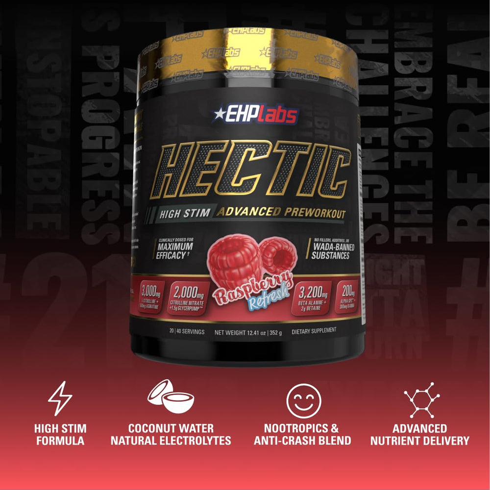 EHP Labs Hectic Raspberry Refresh tub showcases premium pre-workout formula for athletes.