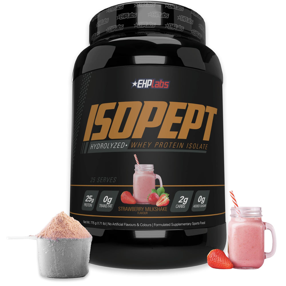 EHPlabs IsoPept bottle shows hydrolyzed whey for fast post-workout fueling