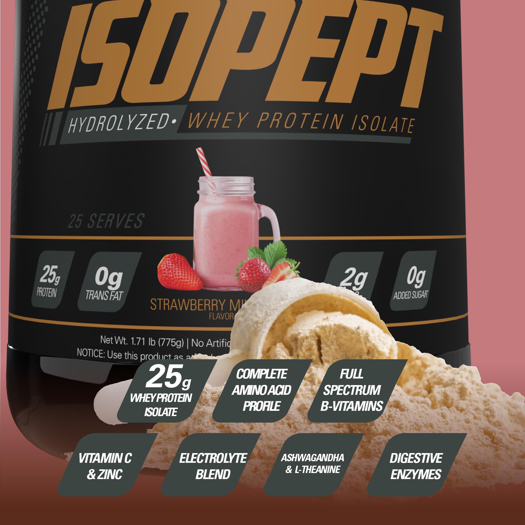 EHPlabs IsoPept strawberry milkshake glass conveys flavorful daily protein option
