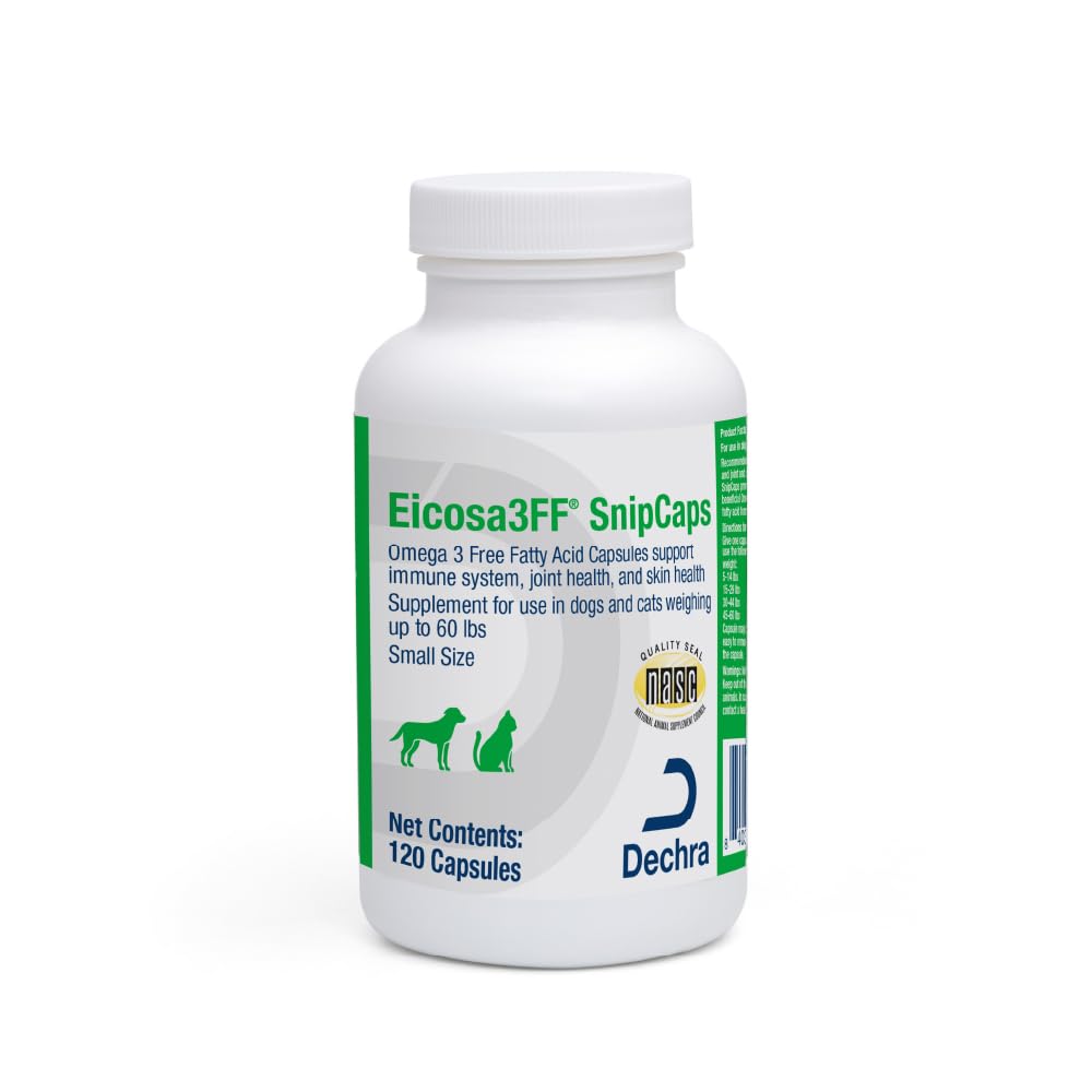 Box front of Eicosa3FF SnipCaps Omega-3 Free Fatty Acid Capsules for Dogs and Cats, small size, 120 count