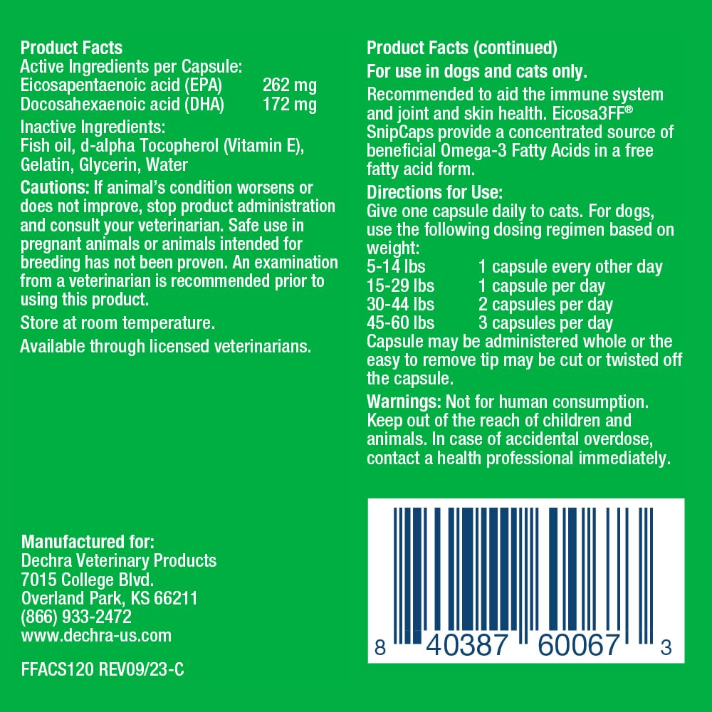 Close up of Eicosa3FF SnipCaps Omega-3 Free Fatty Acid Capsules for dogs and cats