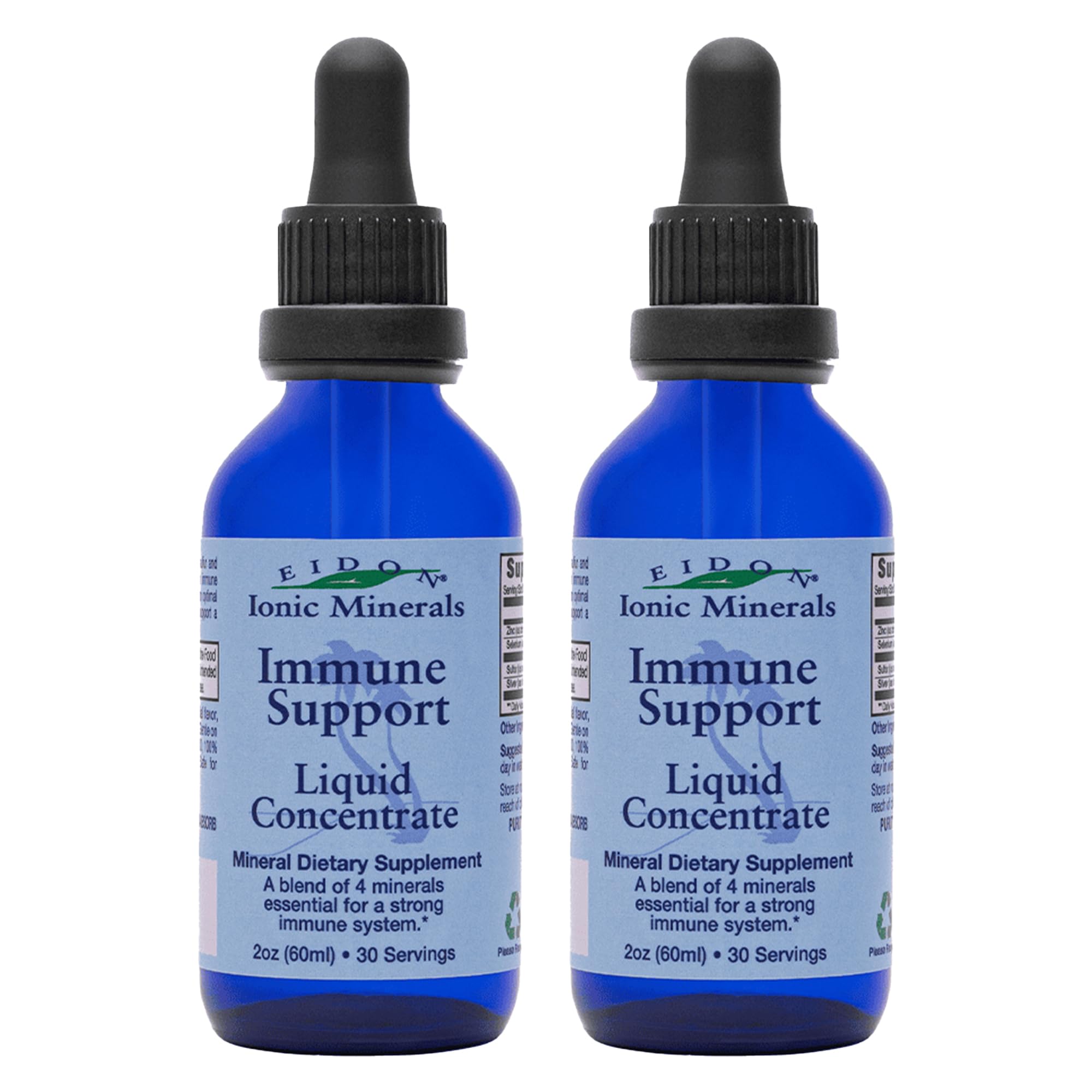 Bottles of Eidon Immune Support Liquid Mineral Drops with dropper
