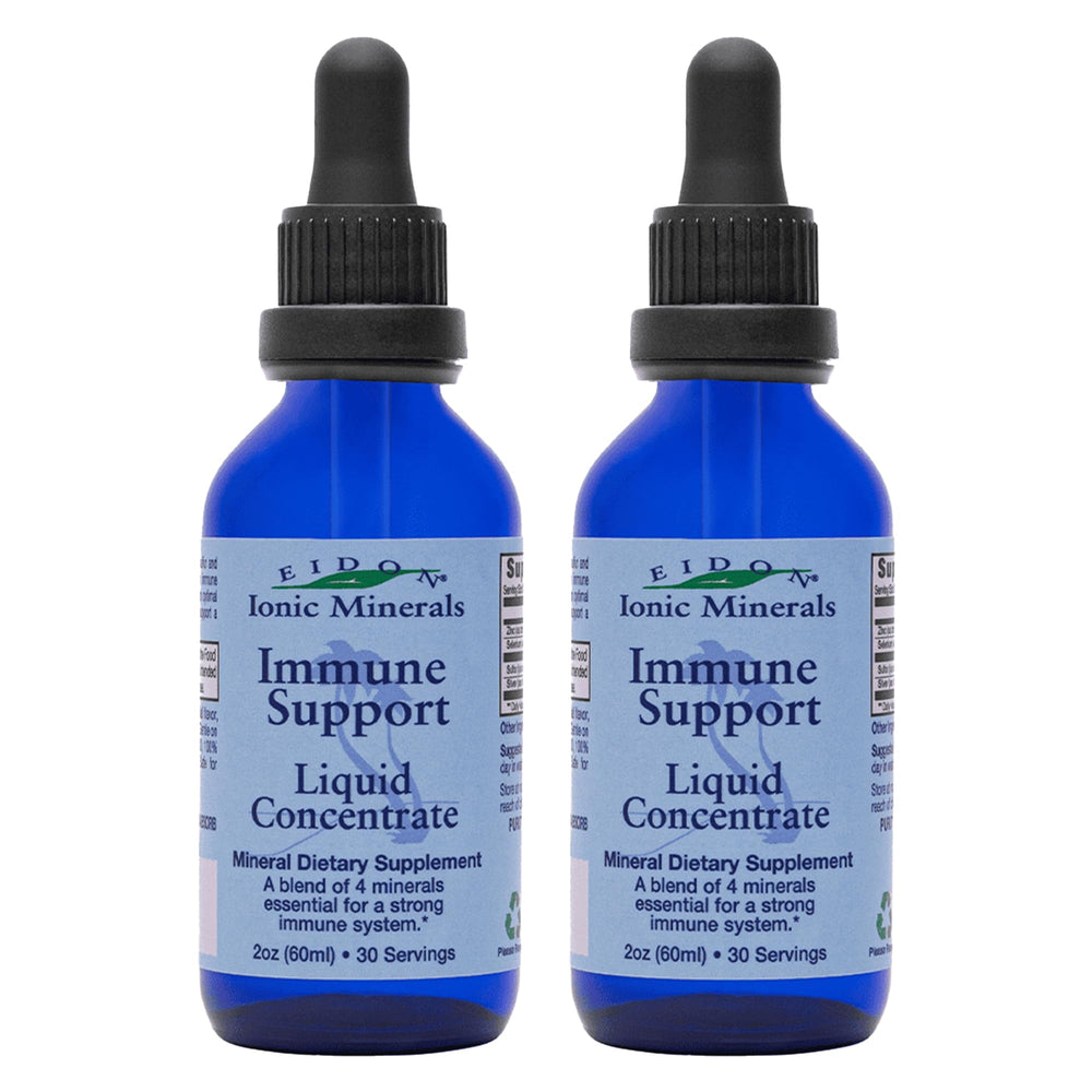 Bottles of Eidon Immune Support Liquid Mineral Drops with dropper