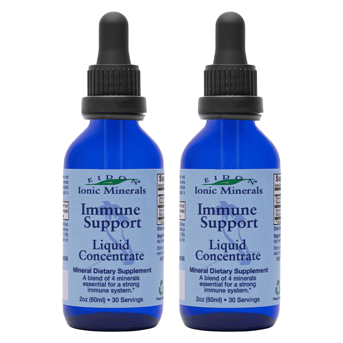 Bottles of Eidon Immune Support Liquid Mineral Drops with dropper