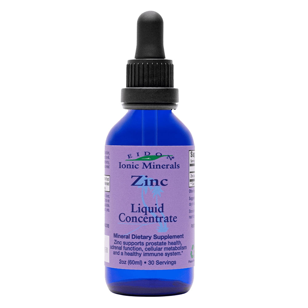 Front view of Eidon Ionic Minerals Liquid Zinc Concentrate bottle with dropper, 2 oz