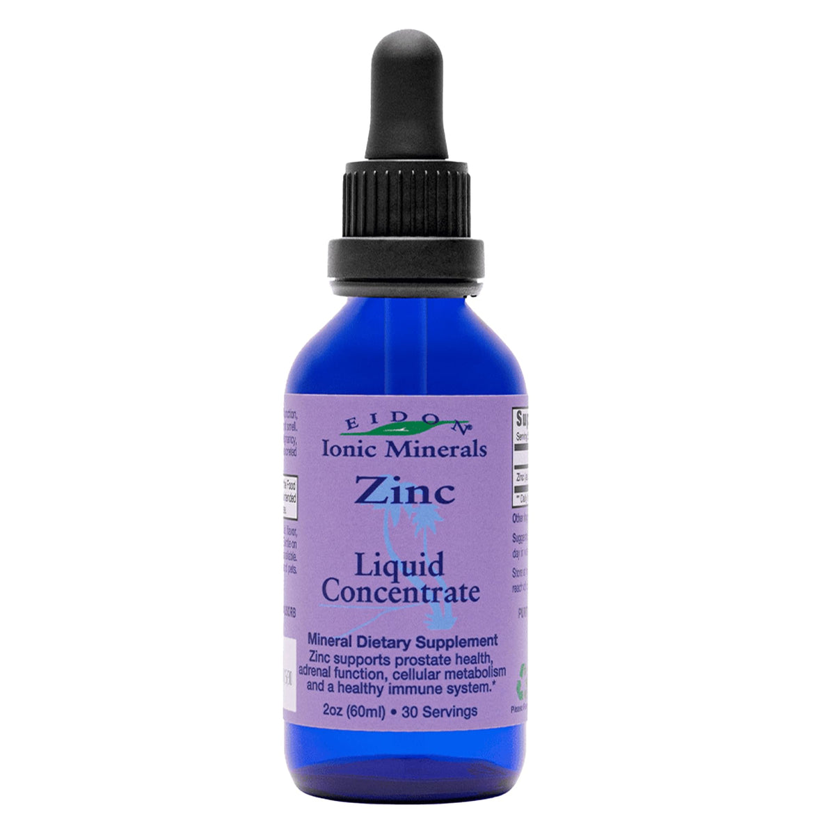 Front view of Eidon Ionic Minerals Liquid Zinc Concentrate bottle with dropper, 2 oz
