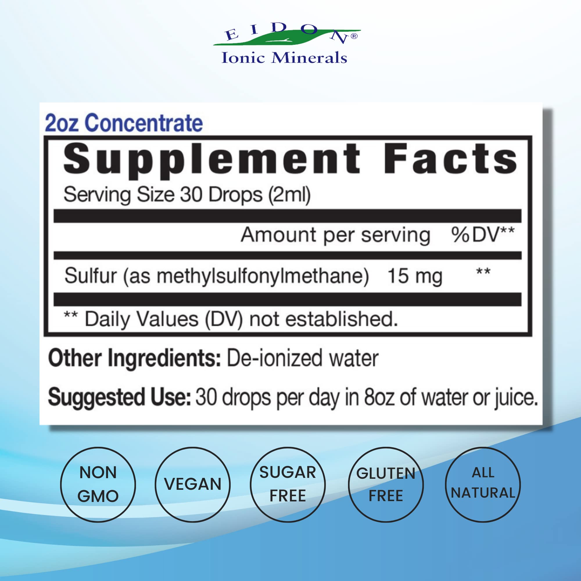 Eidon sulfur drops promoting clear skin, glossy hair and strong nails