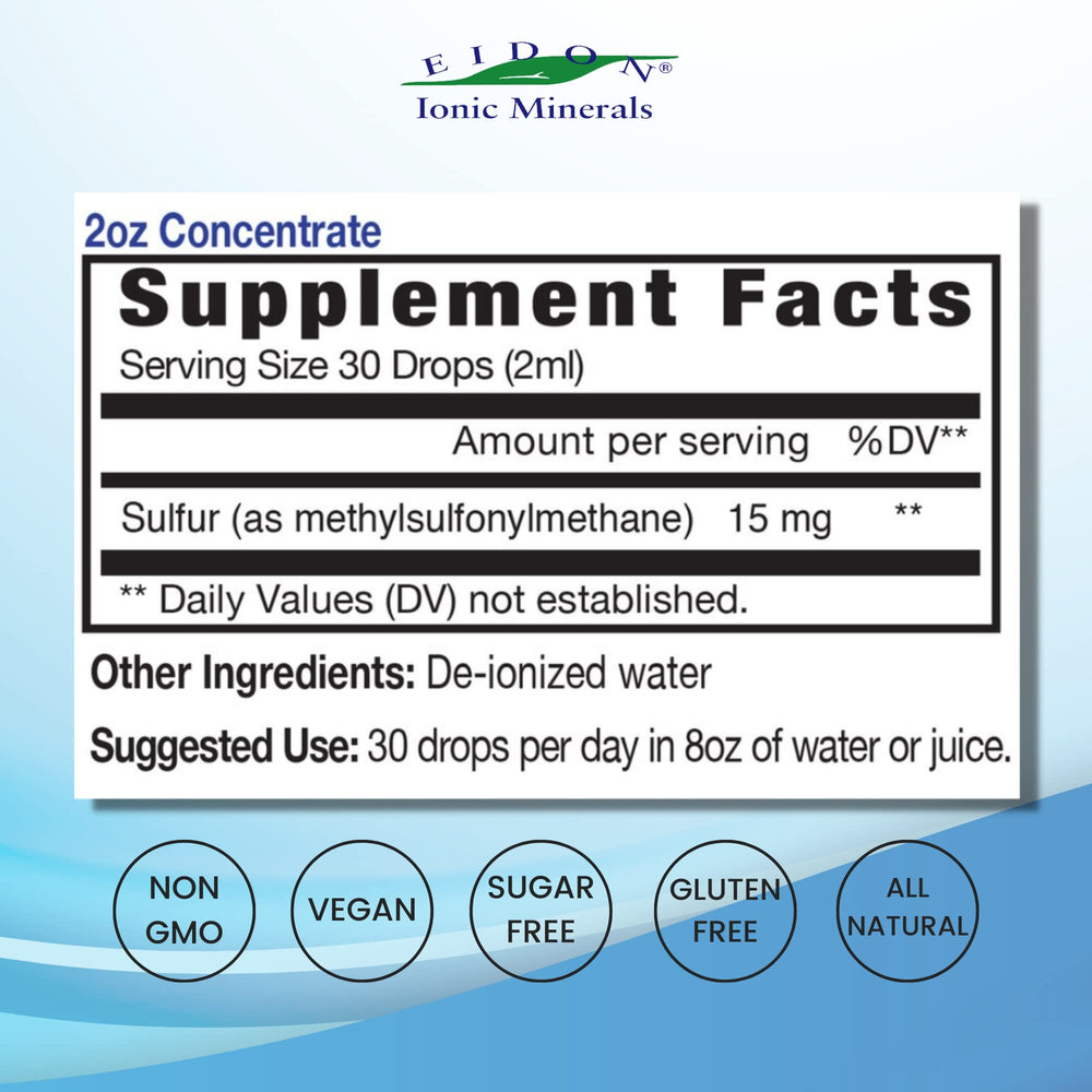 Eidon sulfur drops promoting clear skin, glossy hair and strong nails