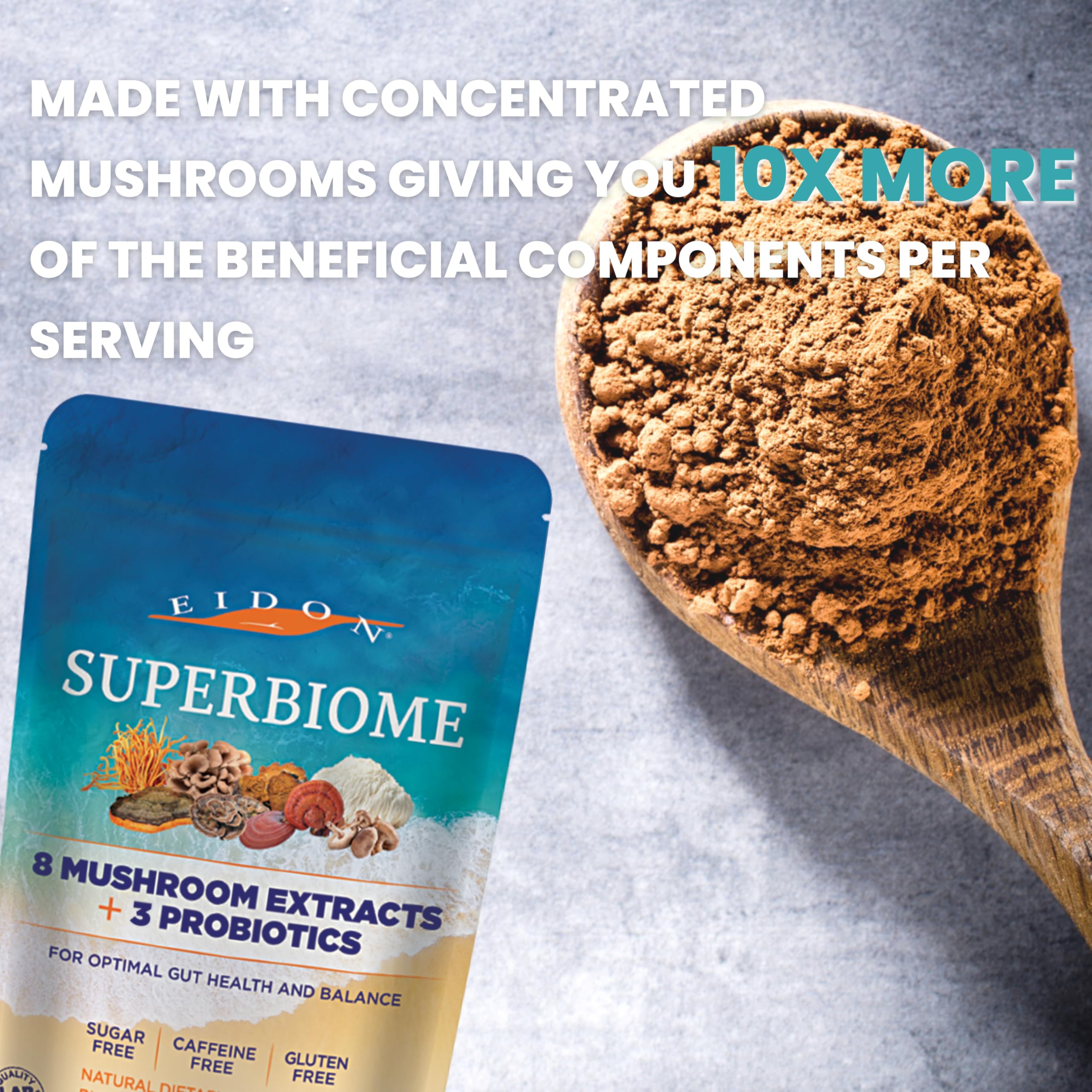 Mushroom powder blend for SuperBiome in a scoop