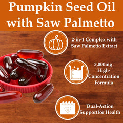 Close-up of 3-softgel serving showing 3,000mg pumpkin seed oil and 300mg saw palmetto
