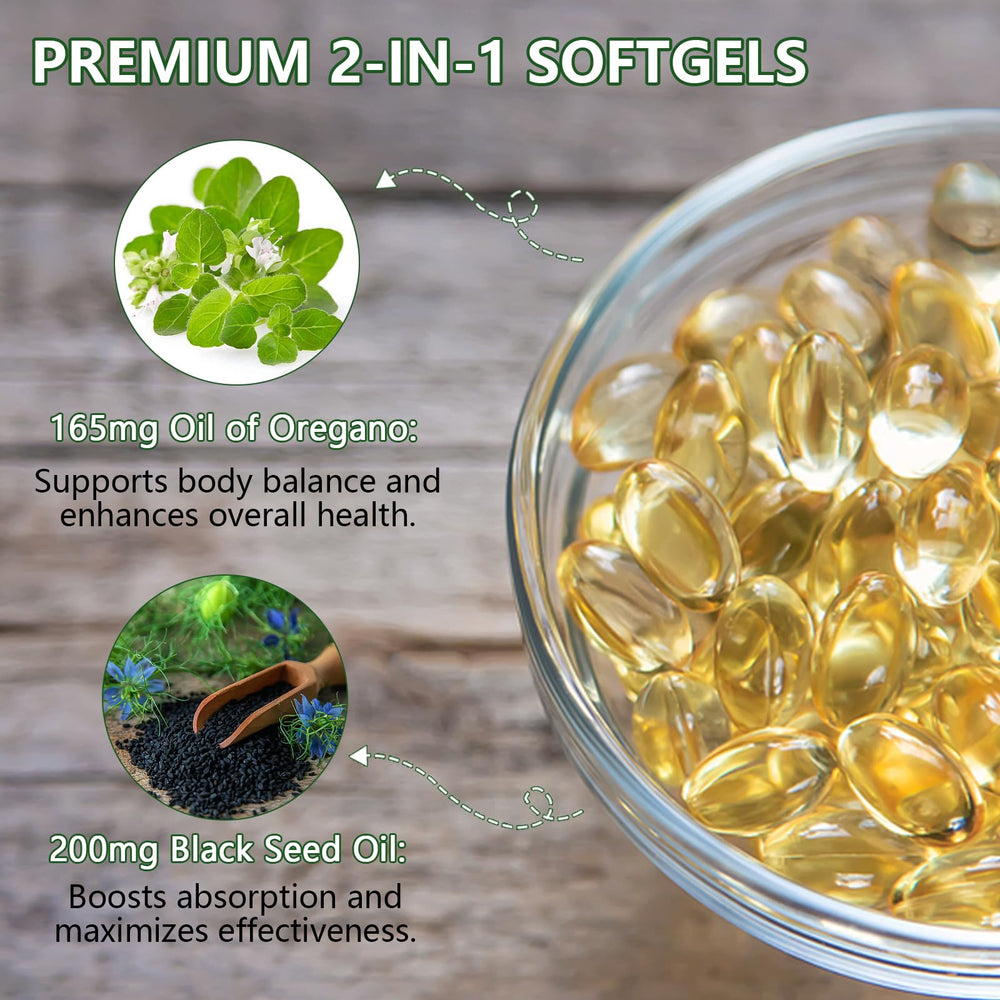 Herbal supplement imagery for oregano and black seed oils